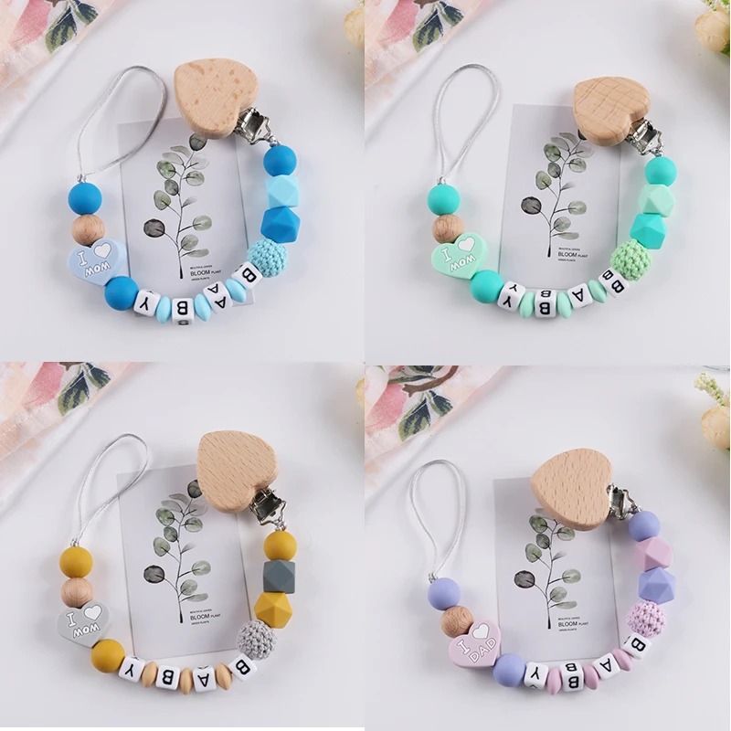 

Hot Custom Personalized Name Pacifier Clip Handmade Beech Chain Silicone Wood Love Holder Soother Baby Teething Toy Chew Gifts