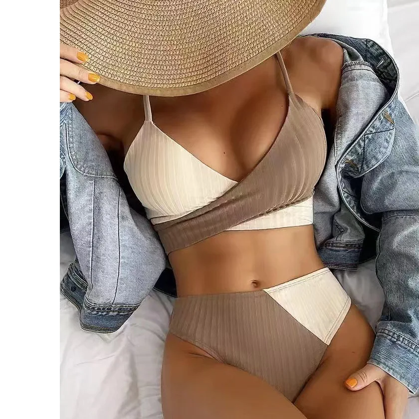 

Женский купальник-бикини с высокой талией, в рубчик