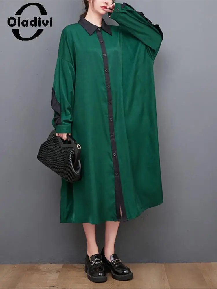 

Oladivi женская одежда большого размера с длинным рукавом повседневное свободное платье с оборками Новинка весна-осень 2022 платья большого раз...