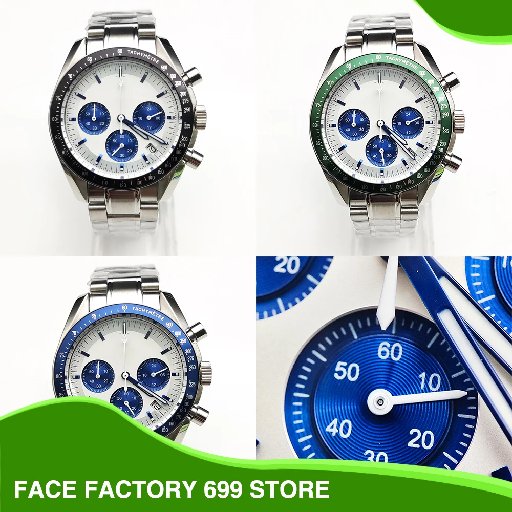 A variety of quartz watches VK63 men's watch steel band green/blue bezel waterproof stainless steel three-eye panda codewatch