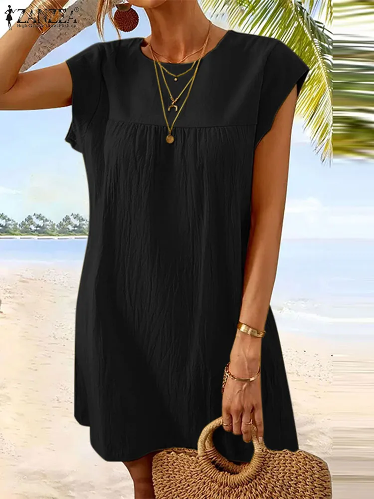 

Платье ZANZEA женское оверсайз с круглым вырезом, мини-платье без рукавов, текстурный винтажный Повседневный свободный сарафан с прострочкой, лето 2023