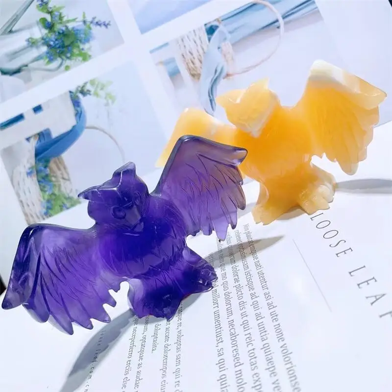 

Natural Orange Calcite And Purple Fluorite Owl Carving Polished Statue Healing Reiki Gemstone Crafts For Wicca Decoration 1pcs