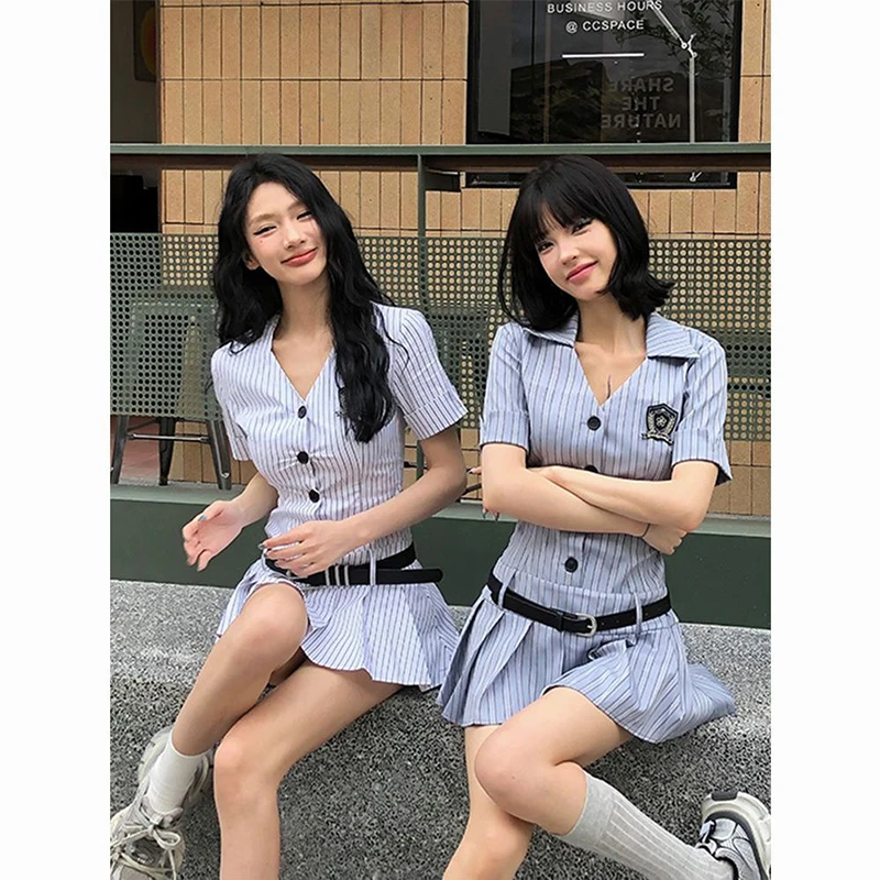 

White Shirt Dress Women Preppy Style Pleated Mini Dress Casual Stripe Girls Jk Party Dresses Korean Fashion Short Sleeve Robe