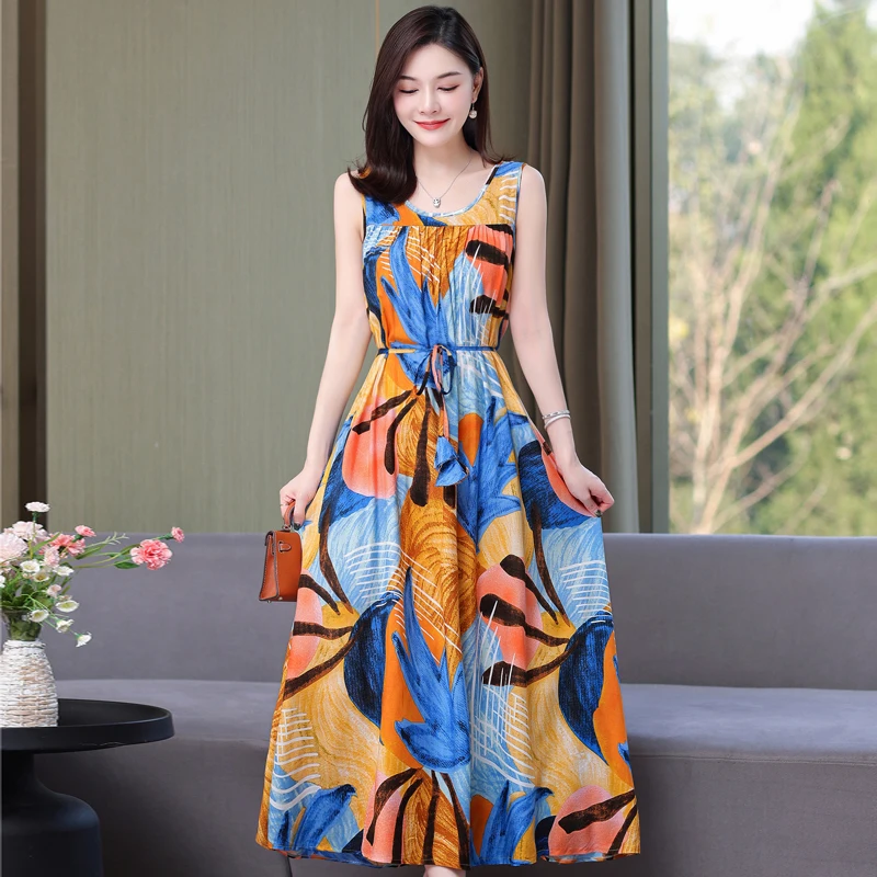 

Длинное платье, женская летняя одежда, элегантное корейское платье без рукавов с цветочным узором 2022, Свободные повседневные шикарные летн...