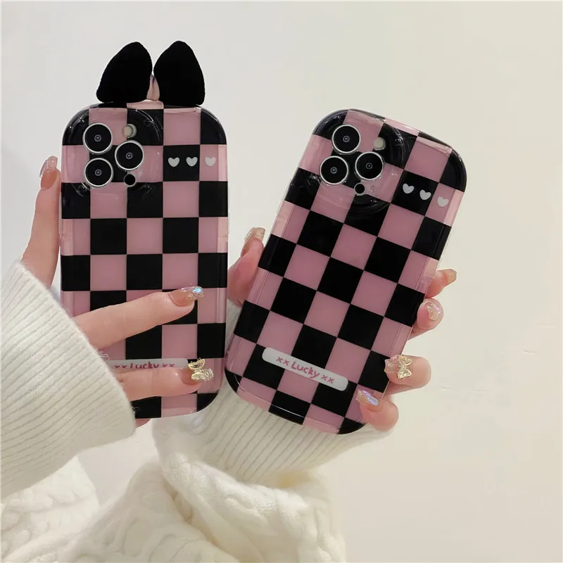 

Cute Polka Dots Checkerboard 3D Bow Knot Phone Case For iPhone 11 12 Pro 13 14 Pro Max Camera Lens Silicone TPU Protection Cover