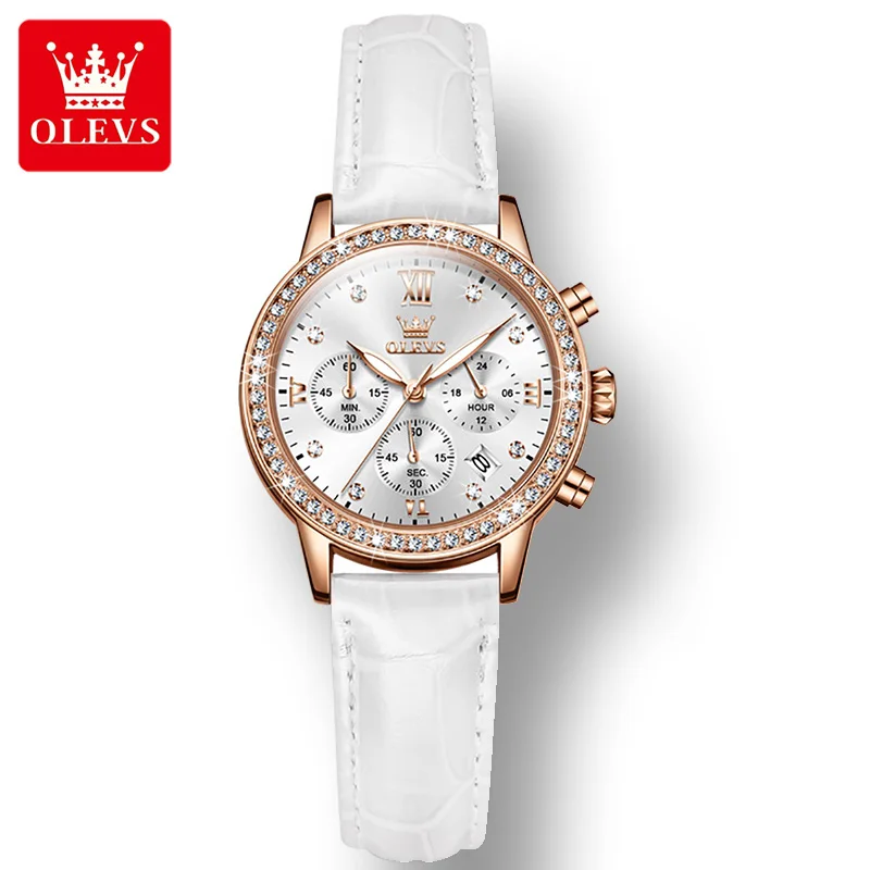Enlarge OLEVS 9933 Complication Simple Diamond Quartz Watches for Women PU Strap Waterproof Fashion Women Wristwatch Chronograph