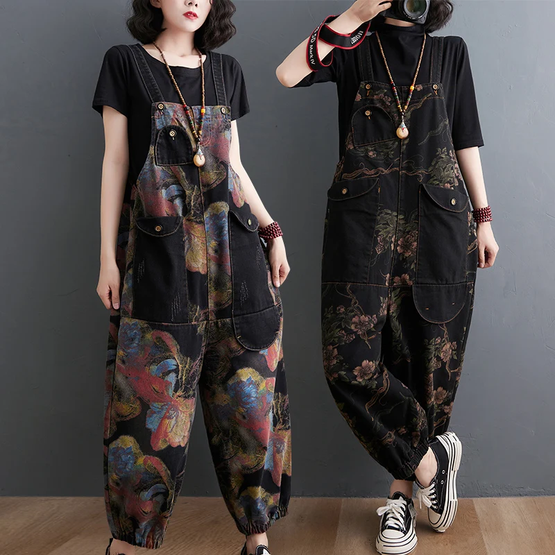 

2022 Jeans Black Jumpsuit Women Casual Oversized Baggy Ladies Pants Big Pockets Print Floral Denim Overalls Straps Jean Rompers