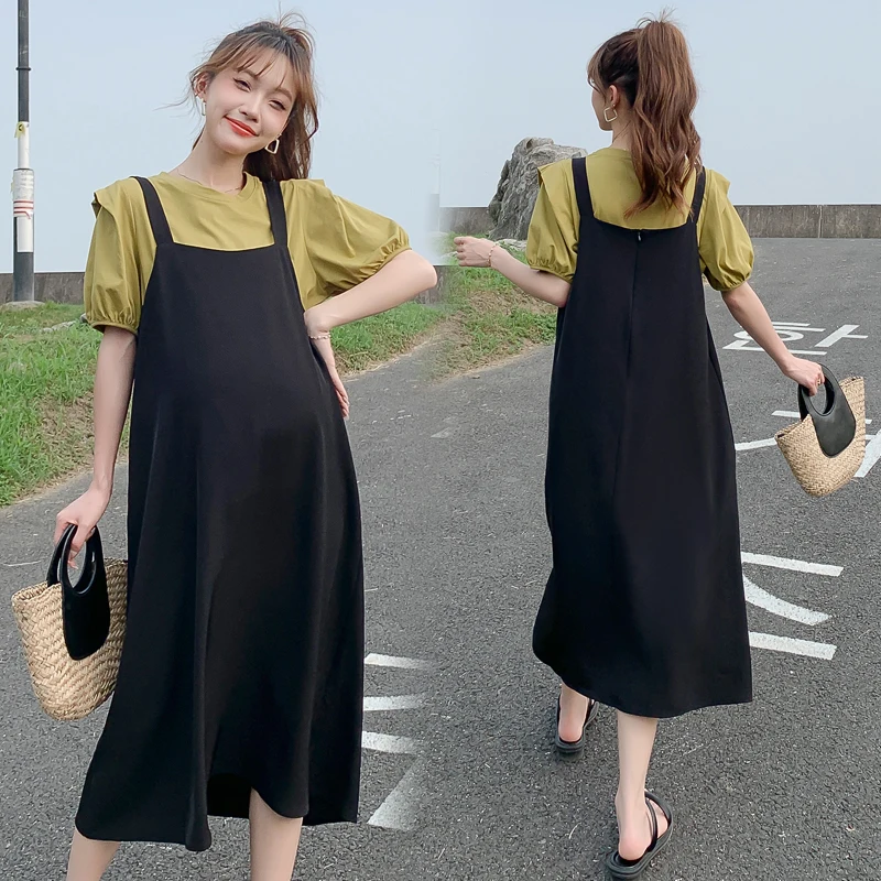 

8891# 2023 Summer Fashion Maternity Bib Dress Tees Sets Elegant Loose Clothes for Pregnant Women Sweet Lovely Pregnancy Clothing