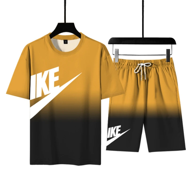 Summer Running Clothes for Men, Two-piece Breathable Sportswear Set with Quick Dry T-shirt and Shorts