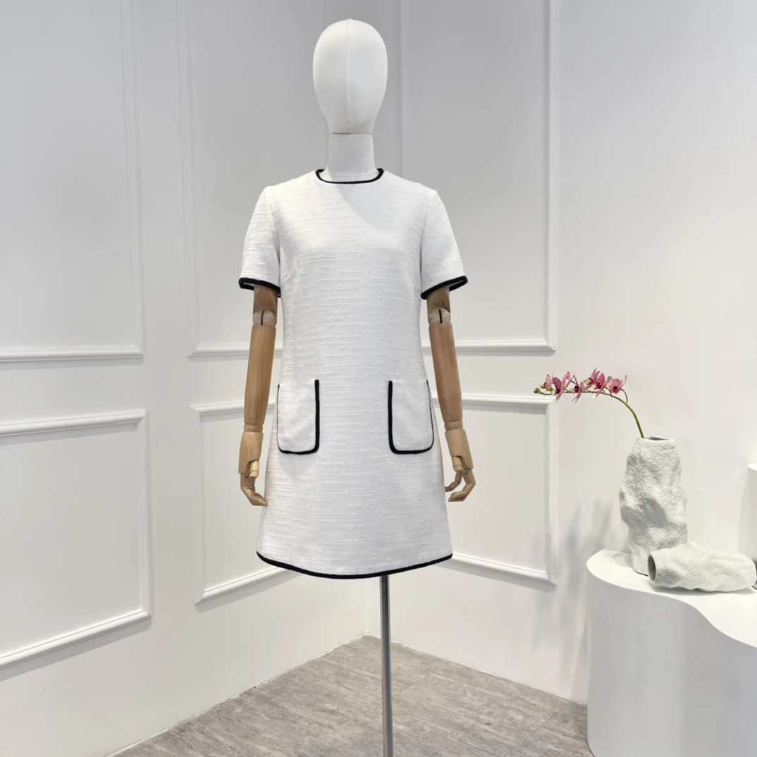 

Top Quality Elegant 2022 New Summer White Short Sleeve Tweed A-line Vintage Style Mini Lady Dress