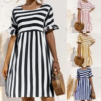 2021 summer new o neck fashion womens dress loose casual short sleeve solid ruffle pocket patchwork ladies stripe dresses