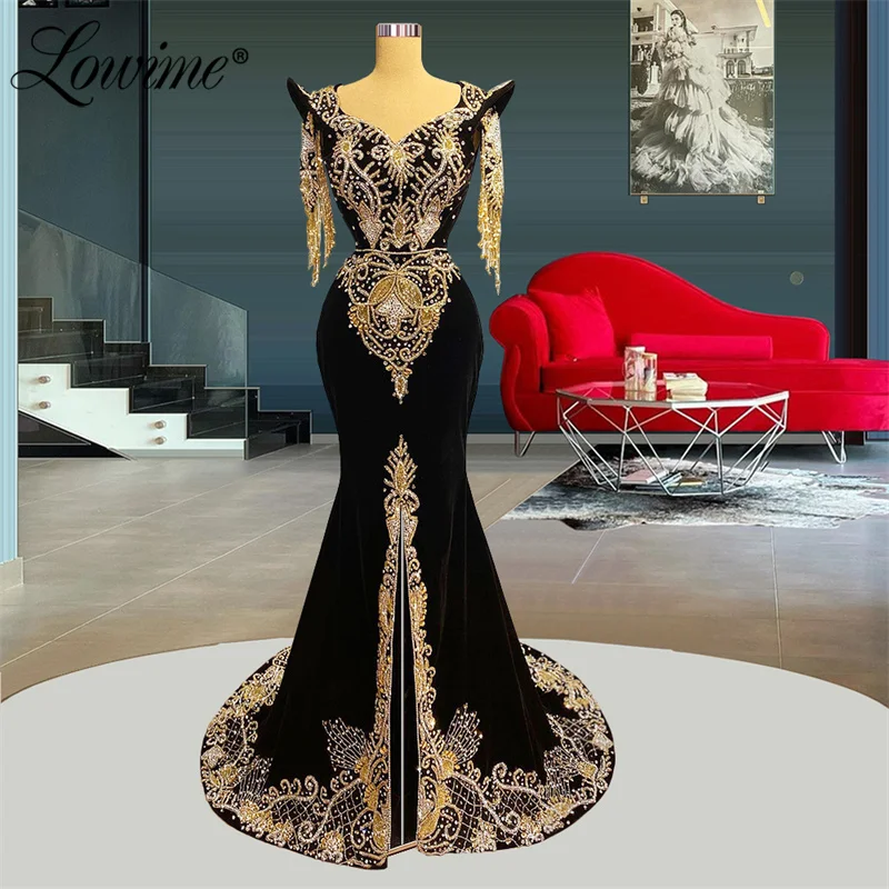 

Black Crystals Beaded Elegant Evening Gowns 2022 Plus Size Velvet Mermaid Short Sleeves Tassel Party Dress Dubai Prom Dresses