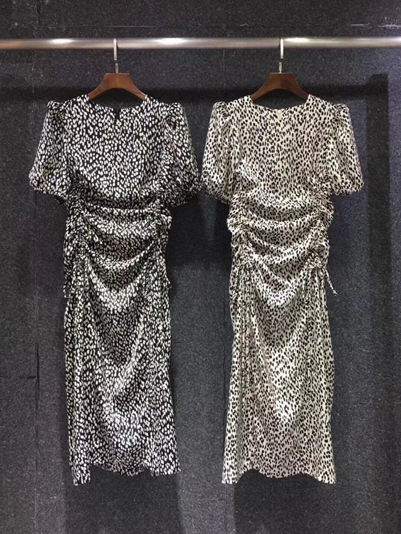 

2022 new women fashion side drawstring pleated slim fit resort leopard print midi dress 318
