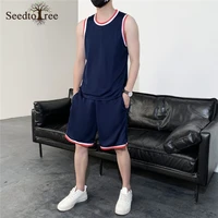 summer mens sports set basketball large size patchwork round neck sleeveless vest elastic waist casual shorts two piece suit
