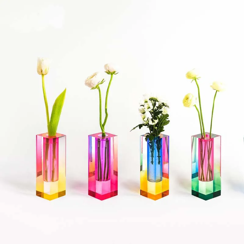 

Modern Rainbow Pillar Bud Vase Table Glass Vases Luxury Decorative Acrylic Crystal Flower Container Nordic Room Home Decoration