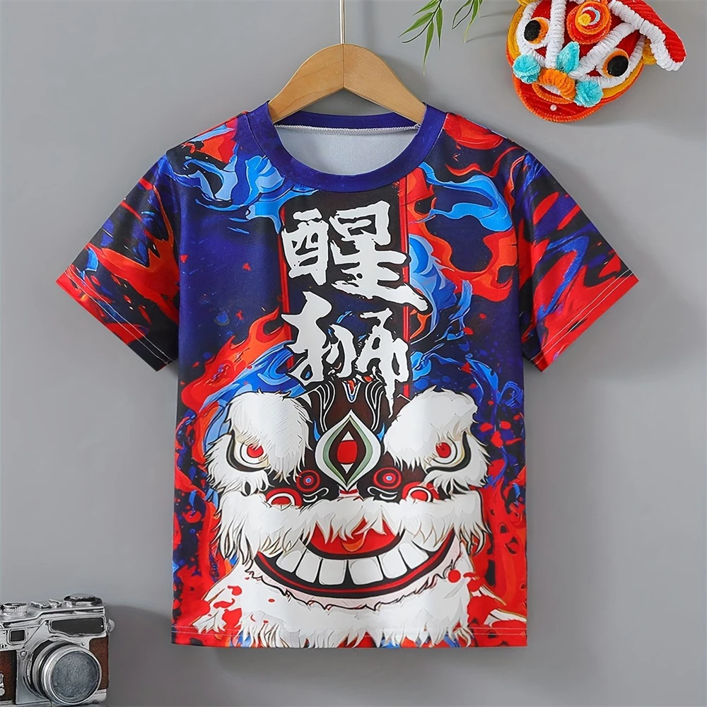 Детская одежда футболка с 3D принтом китайского дракона и льва для мальчиков