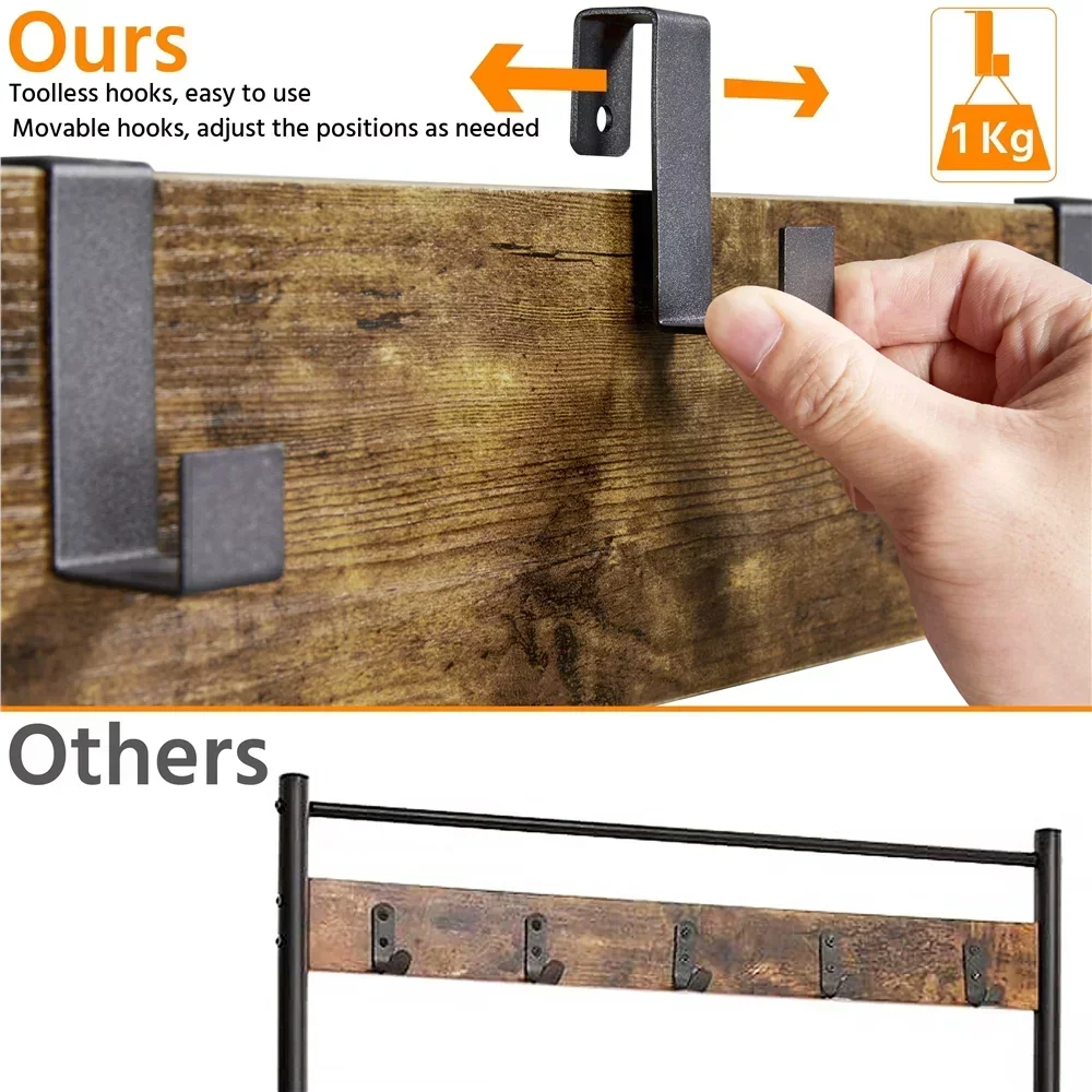 Фото Alden Design 73-дюймовое металлическое дерево для прихожей с скамейкой для хранения обуви, коричневая вешалка для одежды в деревенском стиле, вешалка для одежды №3