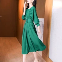 2022 spring new age reducing womens clothing ashionable french mid length green one shoulder dress a line vintage