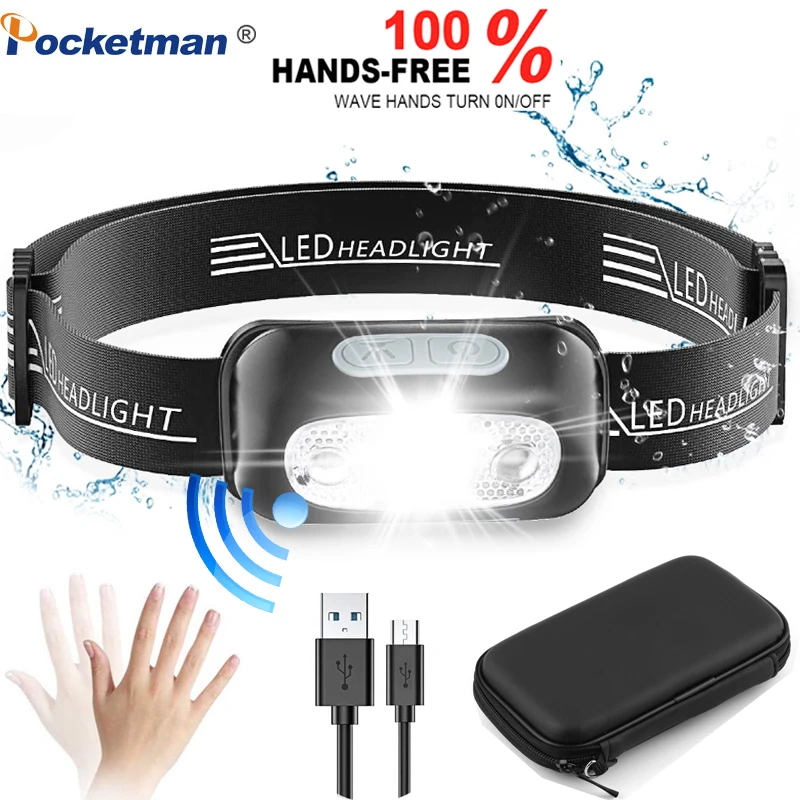 Induction Headlamp USB Rechargeable Head Light Powerful IR Motion Sensor Headlight Waterproof Head Lamp Head Torch with Battery