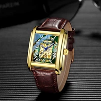 douyin live explosive square hollow mechanical watch mens leather waterproof automatic mechanical watch
