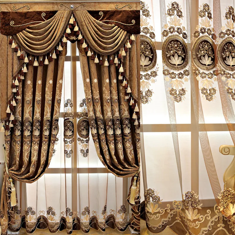 new european style brown chenille curtains for villa living room embroidered decorative curtains finished bedroom study curtains free global shipping