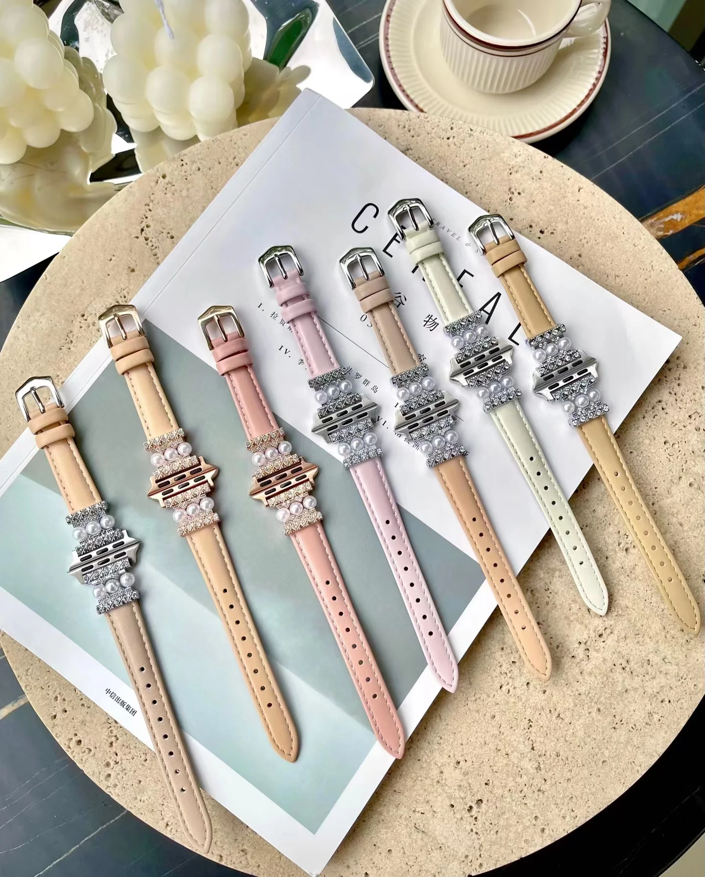 Luxury Leather Bracelet For Apple Watch Strap 41 45mm 38 42 44mm 40 Pearl Decorate Women Wrist For iWatch Series  8 7 6 5 4 3 SE