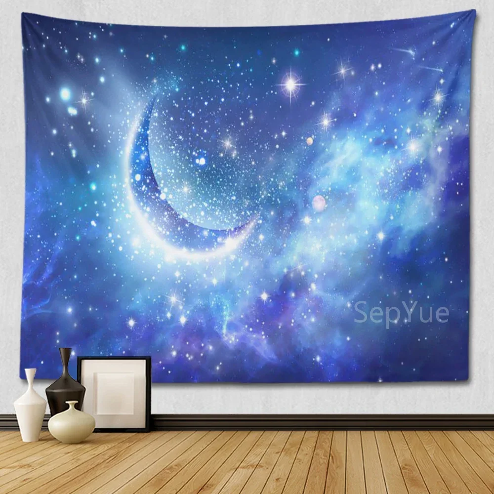 SepYue Moon and Stars Wall Hanging Blue Starry Tapestry Galaxy Universe Night Sky Space for Bedroom Living Dorm