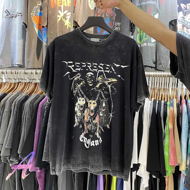 

Represent Retro T-shirt High Street Retro Short Sleeve Washed Printing Casual Hole Oversized T-shirt for Men Women