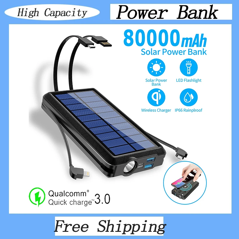

80000mAh Wireless Qi Charging Solar Portable Batteery Panel Powerbank LED Emergency Fast External Battery For Iphone13 Samsung21