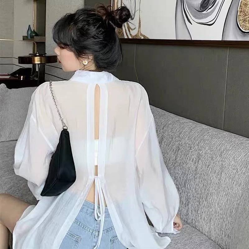 Back Lace Up Split Hem Shirts Summer New Solid Color Long Sleeve Loose Blouse Fashion Simplicity Women Clothing