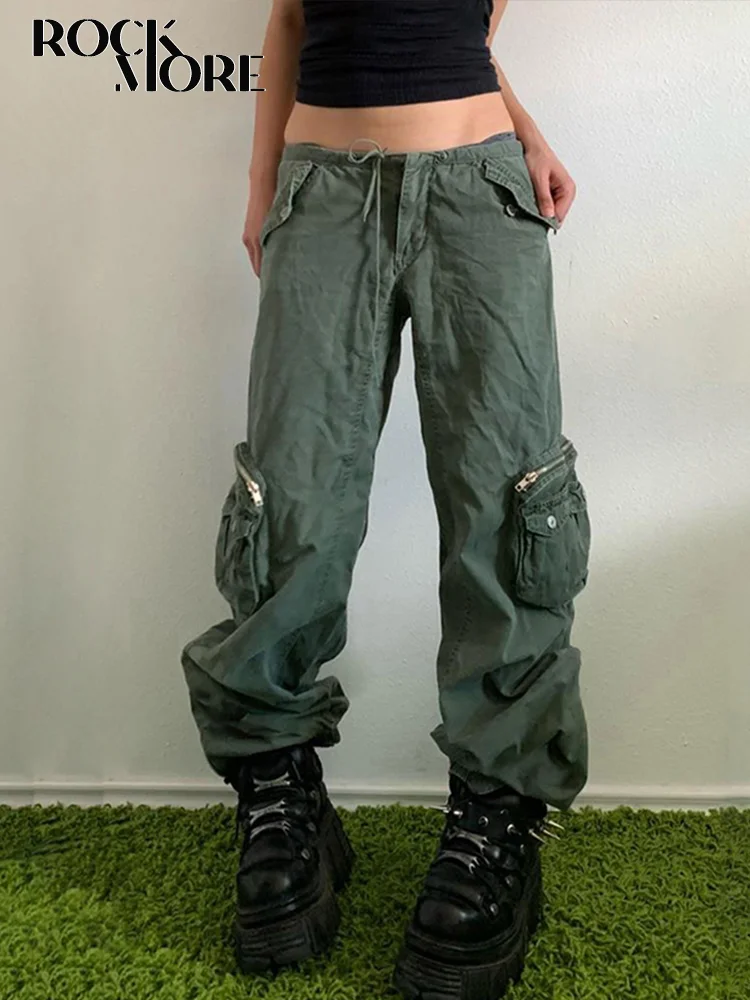 

Rockmore зеленые винтажные джинсы с низкой талией Cyber y2k мешковатые женские брюки-карго уличная одежда на молнии с карманами джинсовые брюки повседневные корейские
