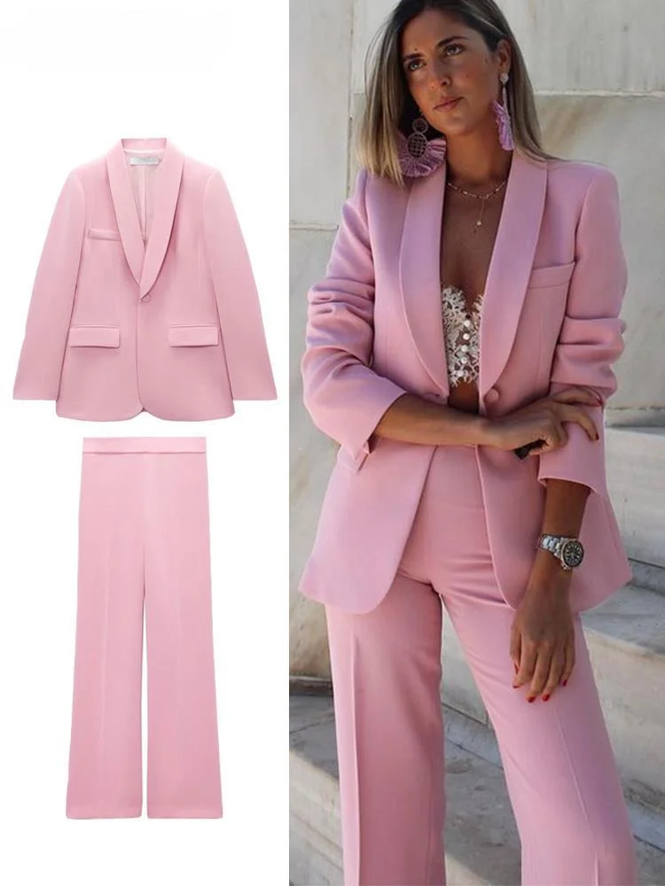

Blue Pant Suits 2-Pieces Sets Women 2023 Summer Casual Long Sleeve Blazer Pocket Coats Trousers Suit Female Elegant OL Outfit