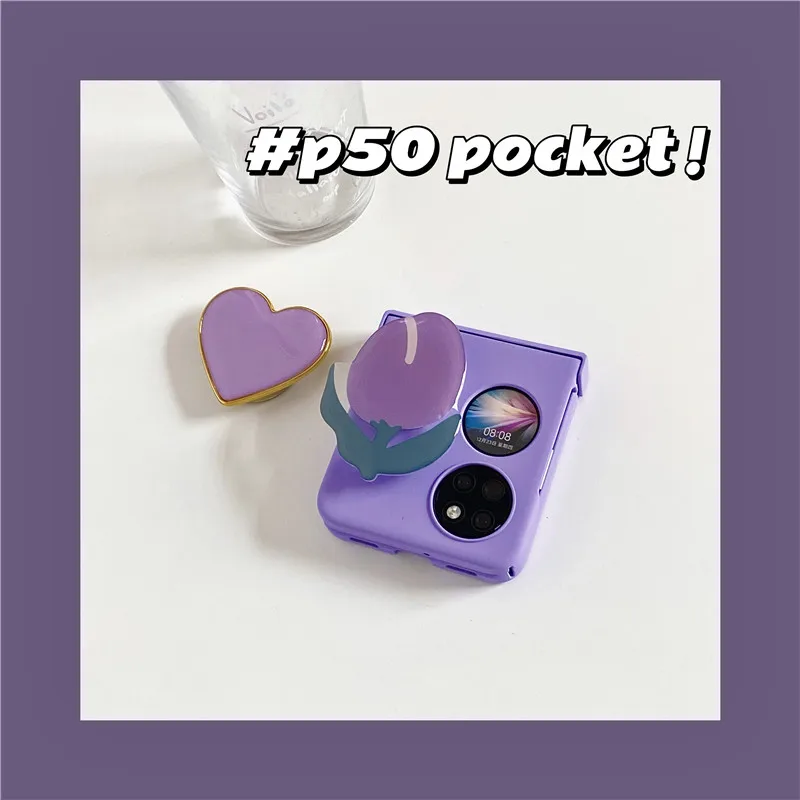 

For Huawei P50 Pocket Case Purple and Pink Cover with Flower and Heart for P50 Pocket Huawei Cases Phone Accessories