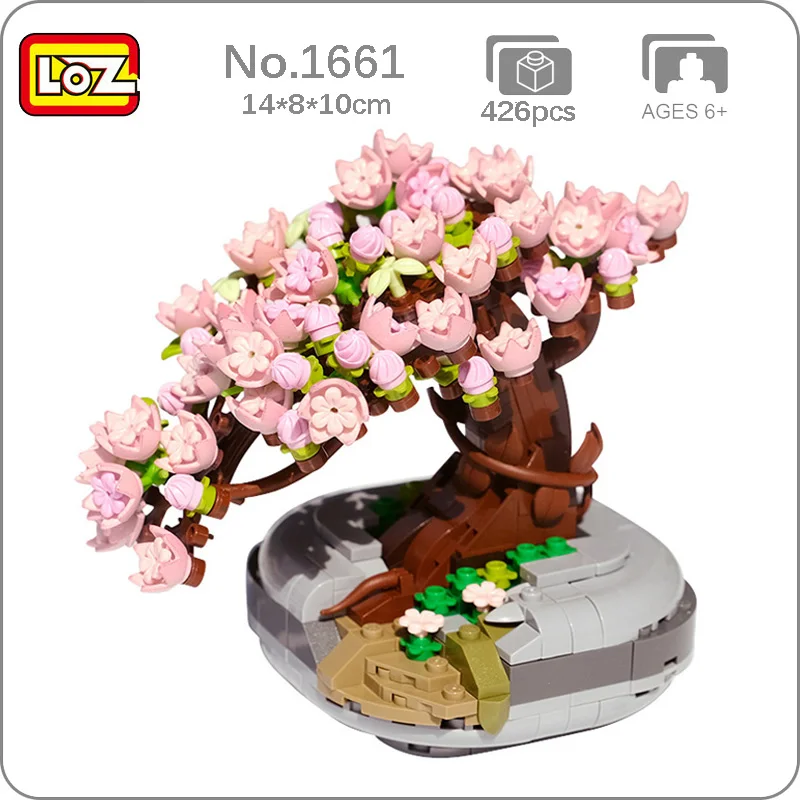 Loz flor eterna rosa sakura cerejeira pote planta 3d modelo diy mini blocos de tijolos brinquedo construção para crianças presente construir moc
