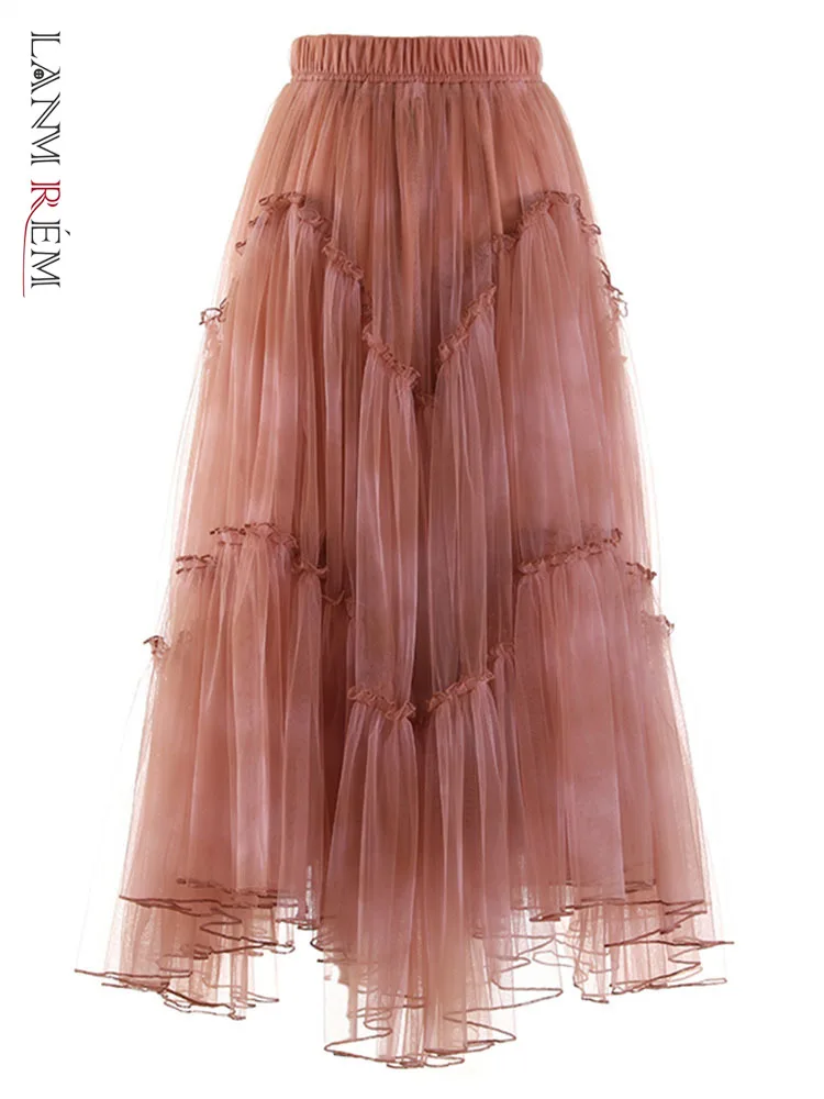 

LANMREM Gradient Color Ruffles Design Irregular Mesh Skirts For Women A-line High Waist Fashion Y2k Skirt 2023 Spring 3WQ2209
