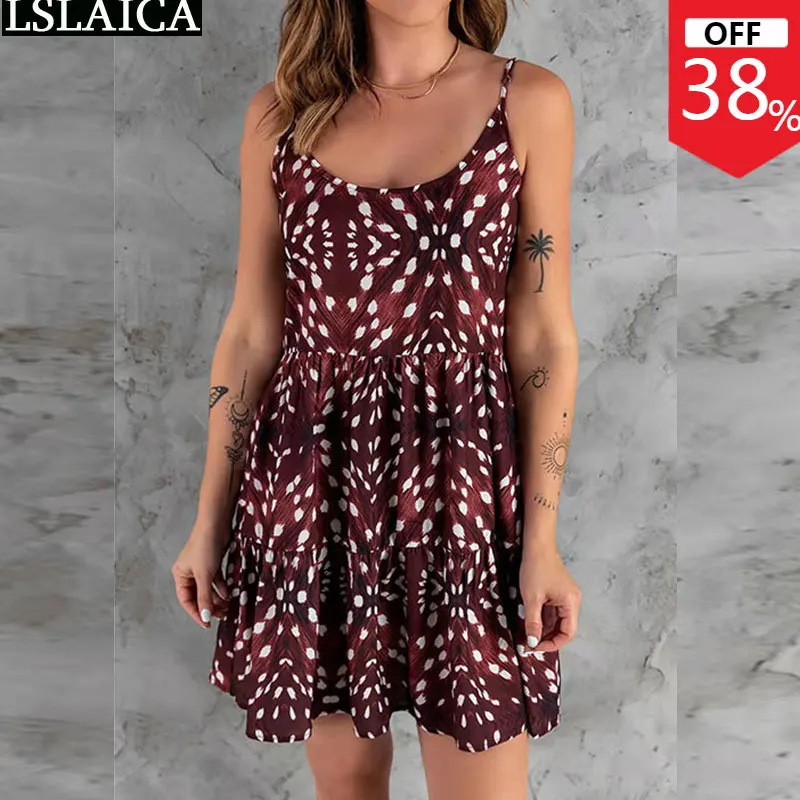 

Женское платье на бретельках, богемное мини-платье без рукавов, летнее модное повседневное пляжное свободное платье с принтом, S-3XL Vestido