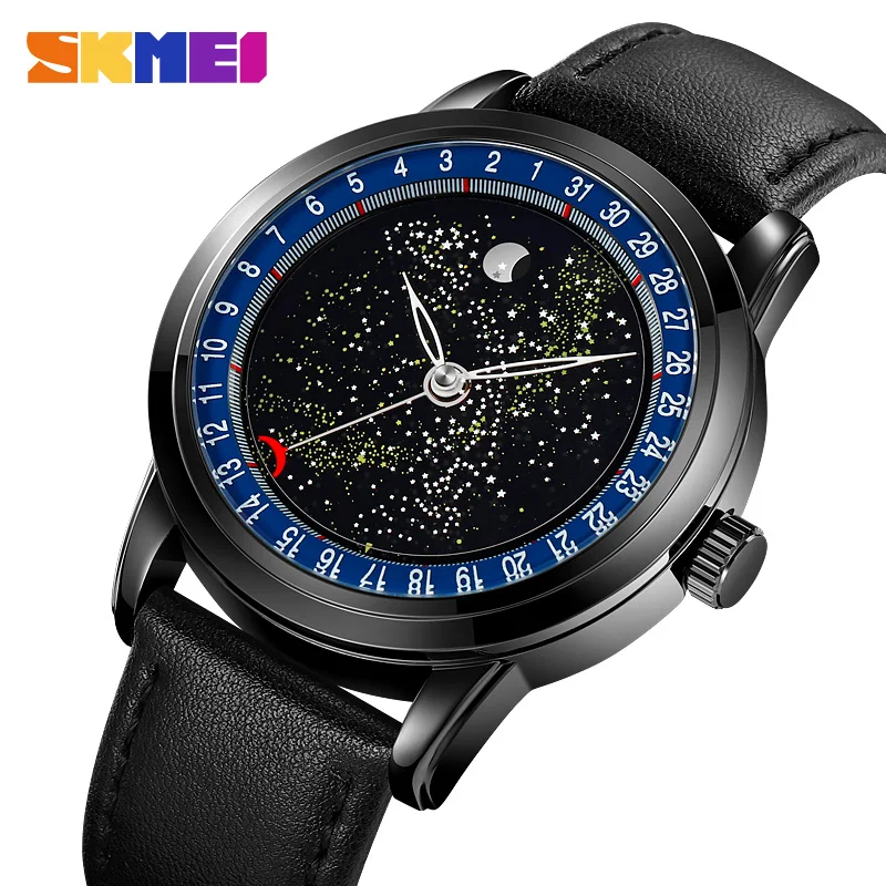 

SKMEI Japan Quartz movement Fashion Starry Sky Moon Phase Watches Mens Casual Genuine Leather Strap Date Wristwatch reloj hombre