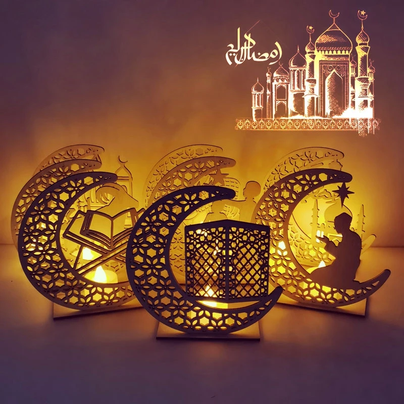 

Wooden Pendant Moon Plaque with LED Light Muslim Wood Decorative Light Ramadan Party Supply Islamic Muslim Ramadan Decoration