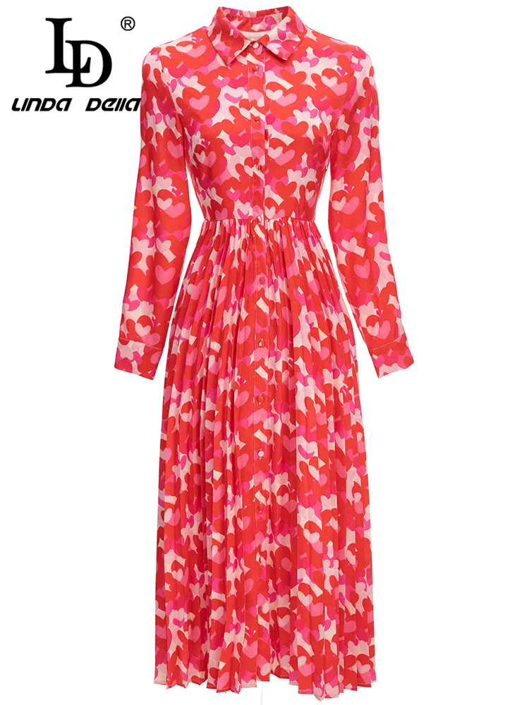 LD LINDA DELLA Fashion Designer Autumn Dress Women's Long sleeve Single-breasted Heart Print Vacation Elegant Pleated Midi Dress