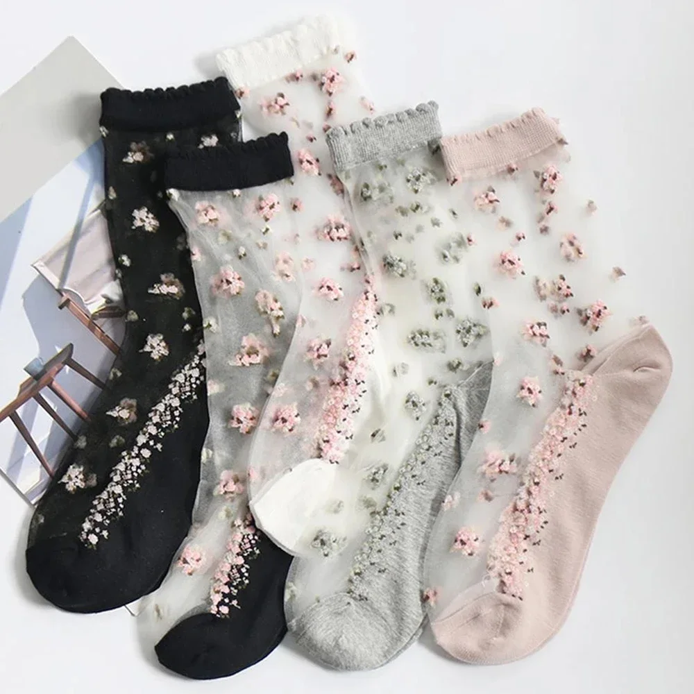 Летние женские прозрачные кружевные носки дышащие ультратонкие шелковые с