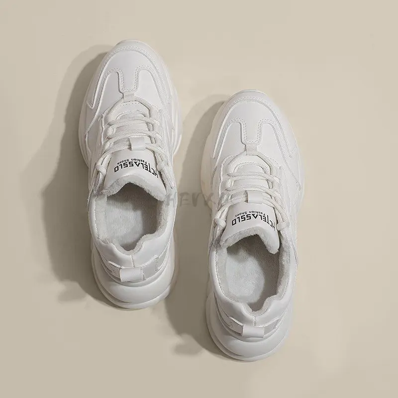 2023 Genuine Leather Autumn and winter cashmere Casual Women's Shoes Fashionable All-Match Comfortable Platform Lace-up Sneakers