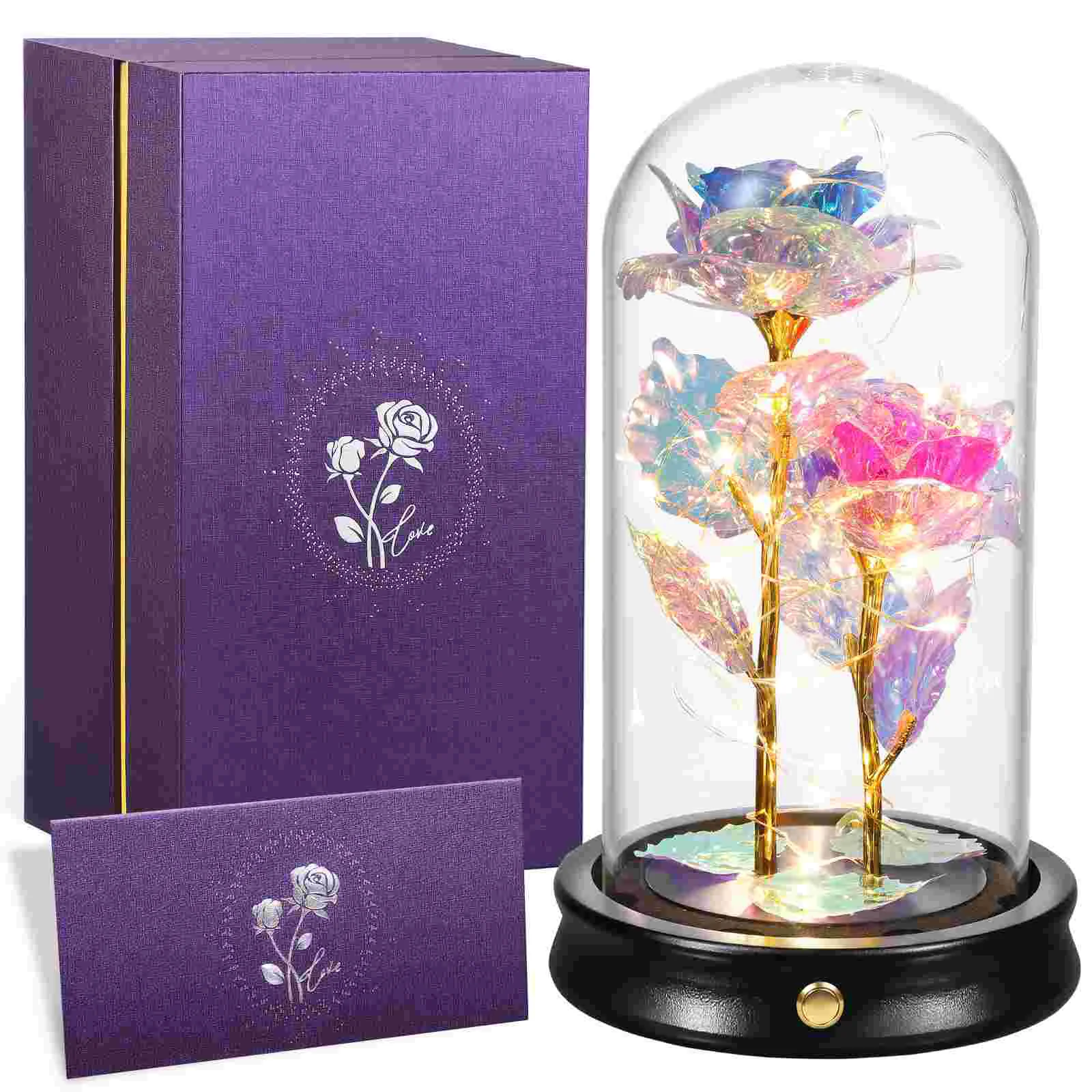 

ETEREAUTY Double Foil Roses in Glass Dome Flowers with 20 Lights Luxury Gift Box for Valentine's Day Mother's Day