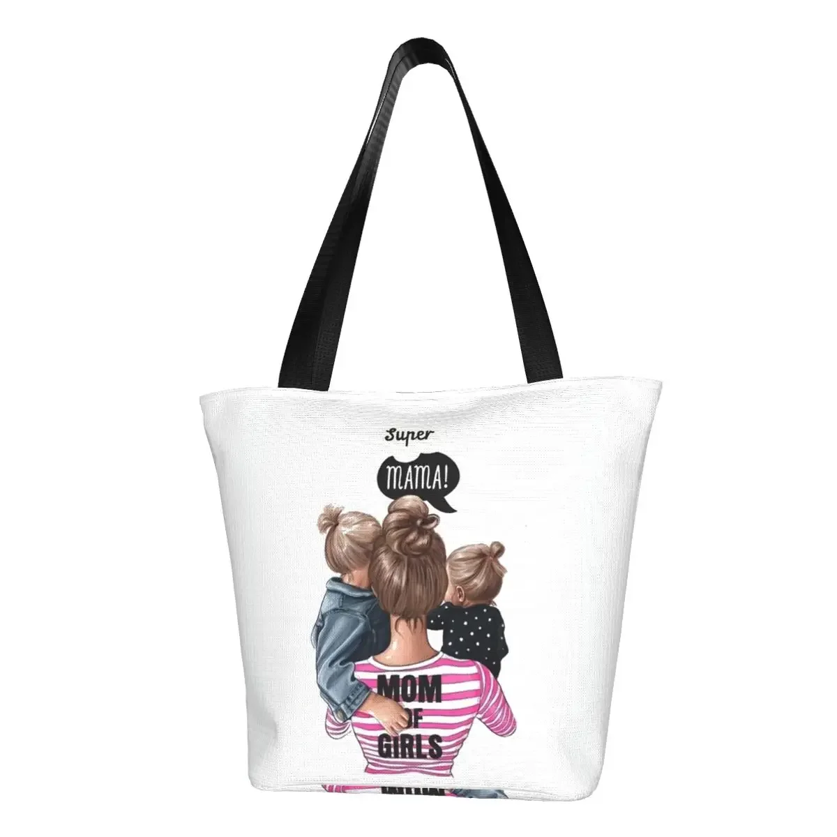 

Cute Cartoon Super Mama Groceries Shopping Bag Print Canvas Shopper Shoulder Tote Bags Big Capacity Durable Mom and Baby Handbag