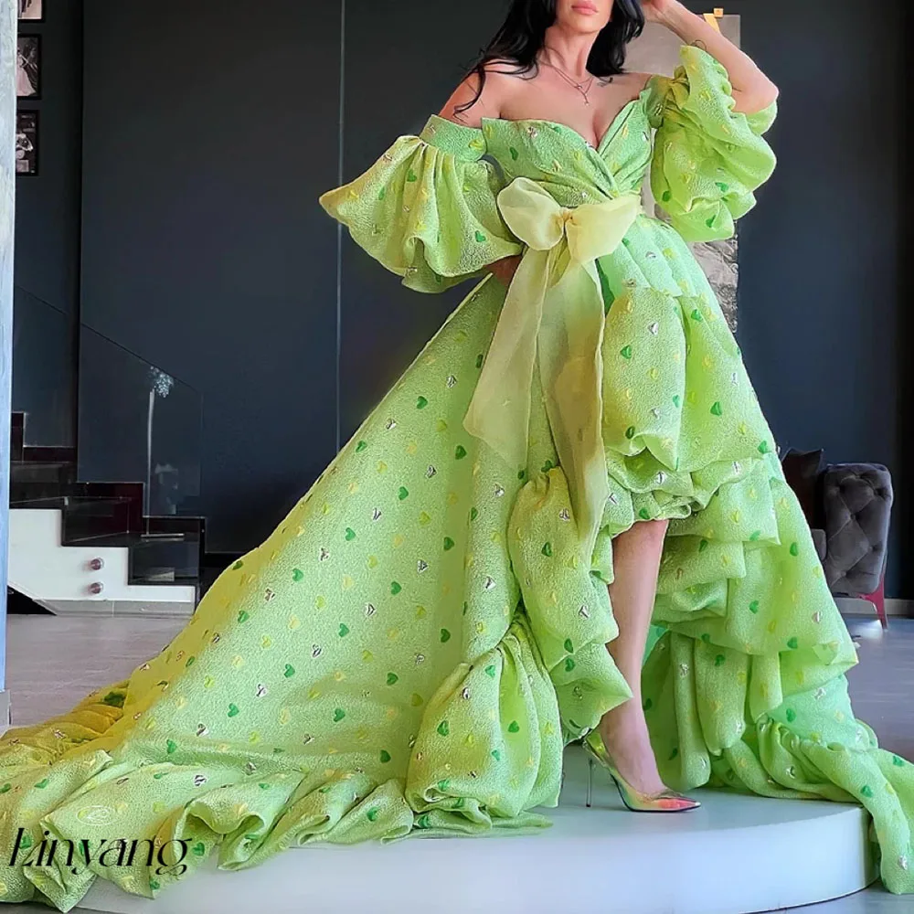

Linyang Green Satin Off the Shoulder Printed Slit Waisted Elegant Evening Prom Bridesmaid Party Long Dress for Women 2023