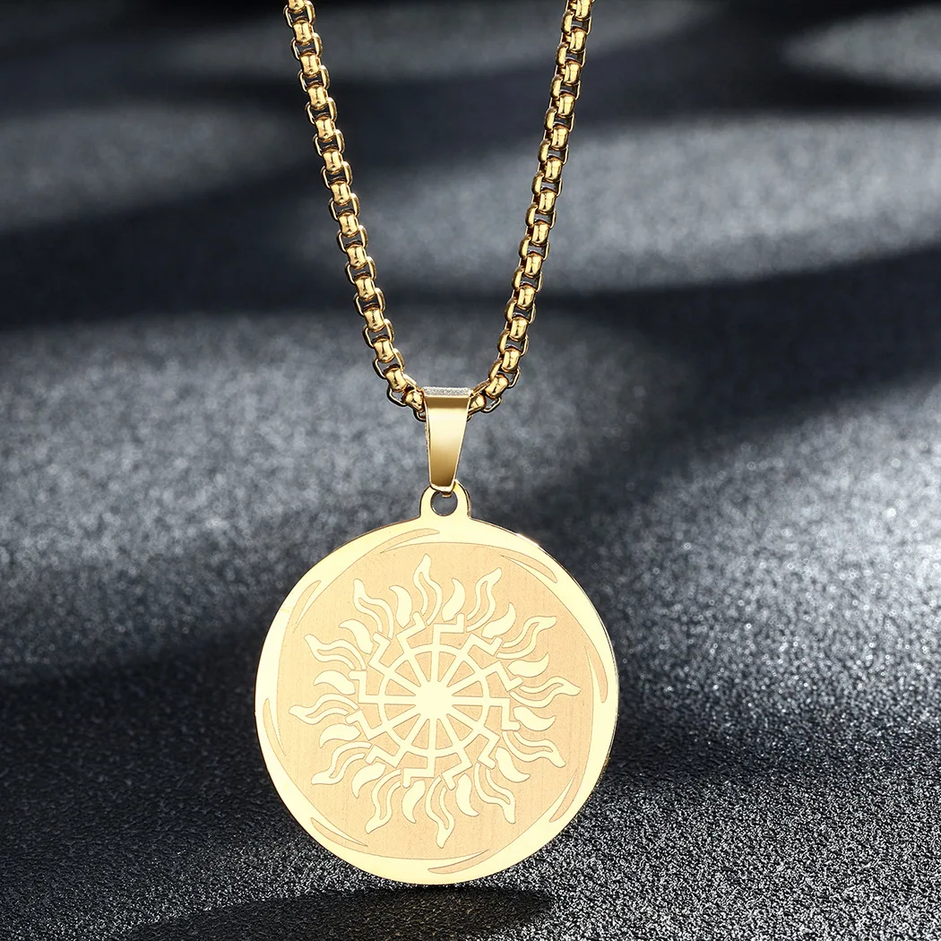 

Stainless Steel Sun Gear Medal Necklace For Men Women Metal Slavic Solar Symbol Sun Pagan Pendant Talisman Necklace Choker