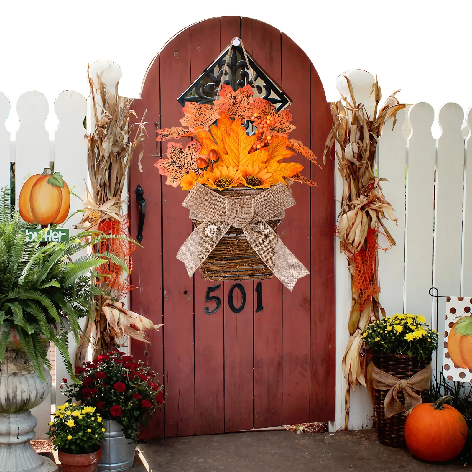 

Autumn Basket Wreath Natural Rattan Circle Door Wall Decoration Beautiful Farmhouse Artificial Green Leaves Wreath With Basket