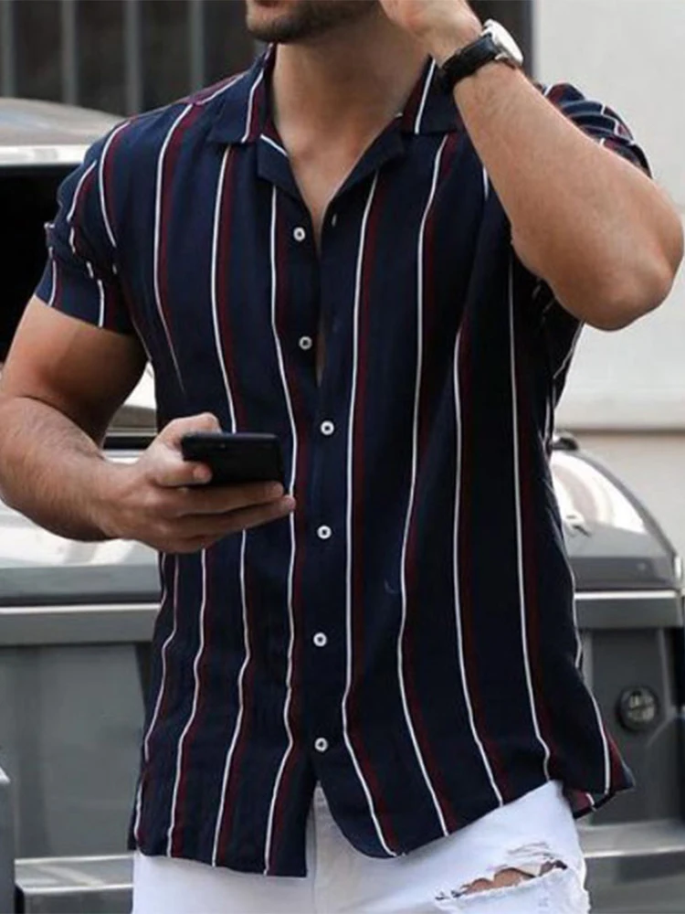 

Рубашка мужская с отложным воротником, полосатая сорочка Slim в стиле ретро, Повседневная модная уличная одежда с короткими рукавами, на пуго...