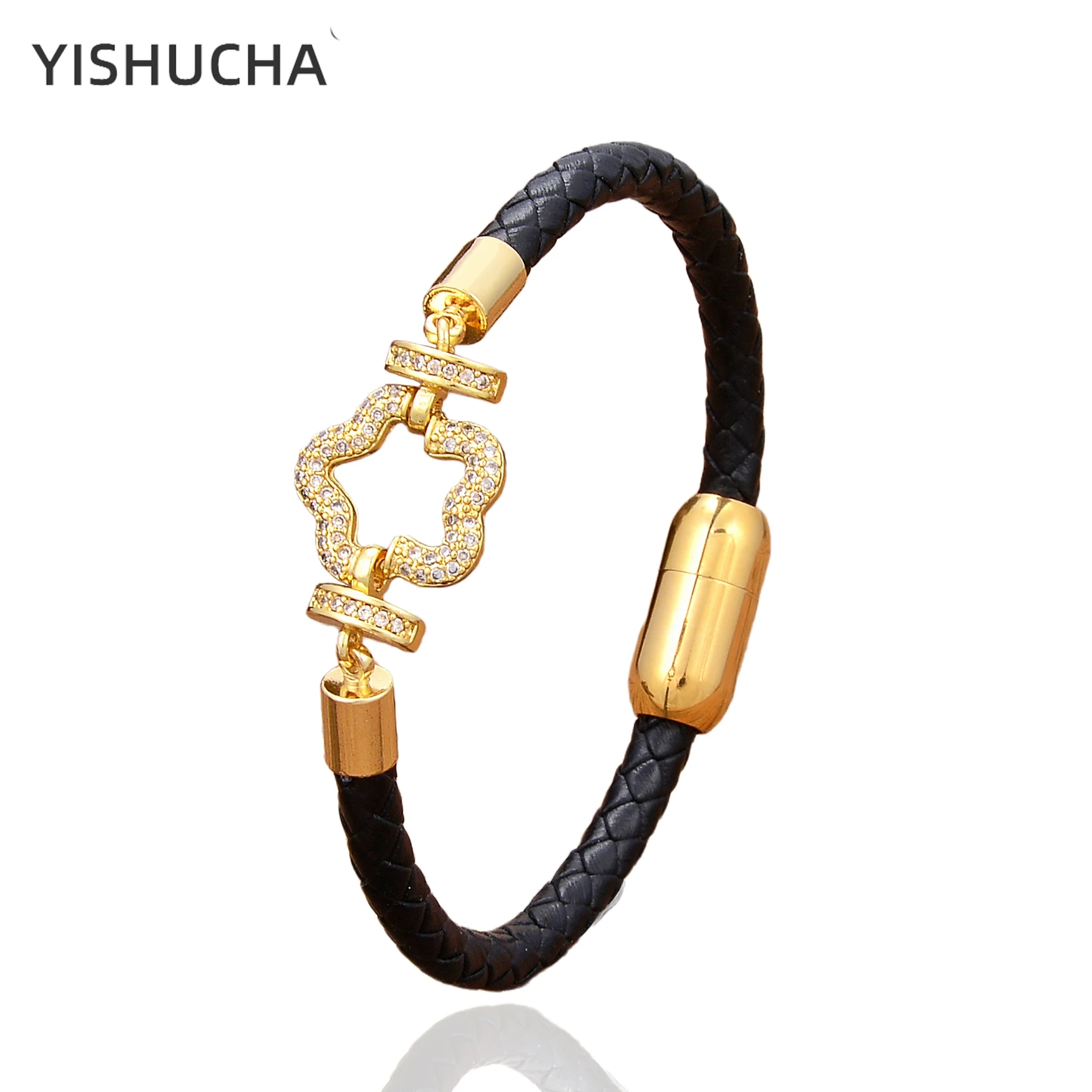 Купи YISHUCHA Cute Shining Star Zircon Bracelets For Women Charm Leather Chain Bangles Female Romantic Jewelry Gifts CZ-7 за 251 рублей в магазине AliExpress