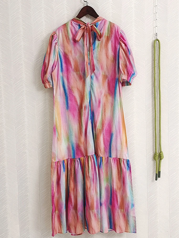 

Colorful Rainbow Print Puff Sleeve Women Ruffles Dress Summer Folds Elegant Pullover High Quality Loose Casual Lady Dresses