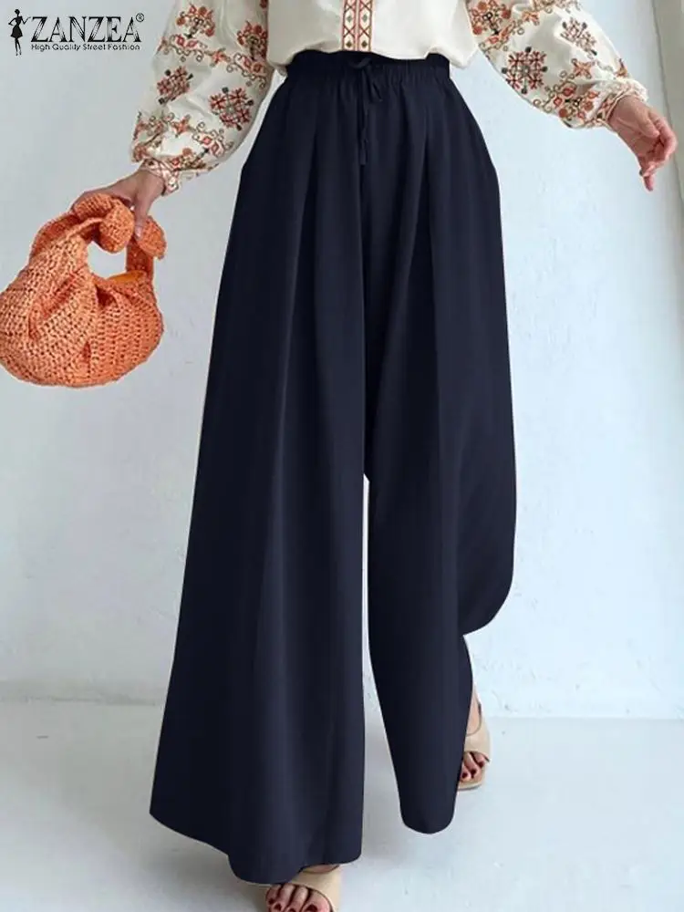 

ZANZEA Elegant Solid Palazzo Autumn Women Pants Stylish Wide Leg Trouser Female Casual Elastic Waist Long Pantalon Work Capris
